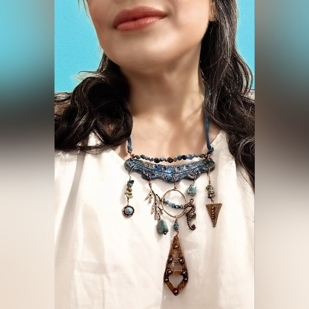 Blue In Earth Assemblage W/ Turquoise In One-of-A-Kind Artisan Copper Necklace - Picture 9 of 9